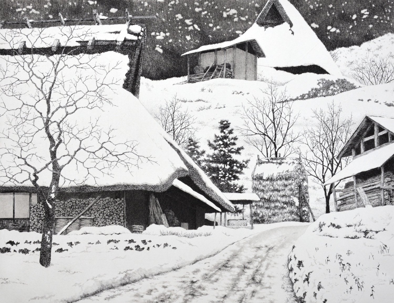 Японская деревня в снегах гравюра