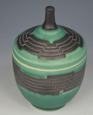 Carved Jade & Black Lidded Jar