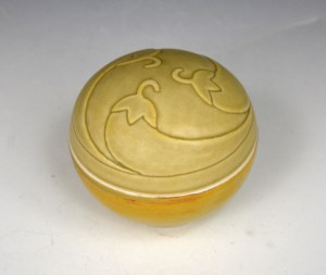 Lidded Yellow Jar, eggplant design