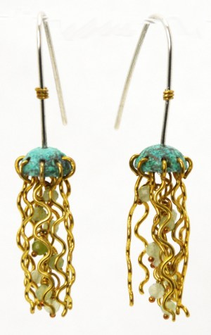 Earrings - Mini Jellyfish, Green Copper with White Pearls