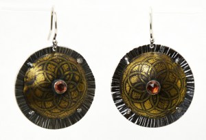 Earrings - Shield with Garnet, Brass & Sterling Silver