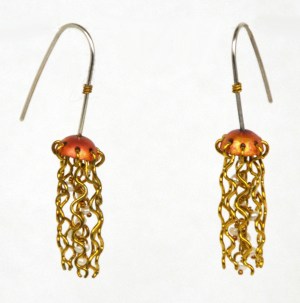 Earrings - Mini Jellyfish, Red Copper with White Pearls