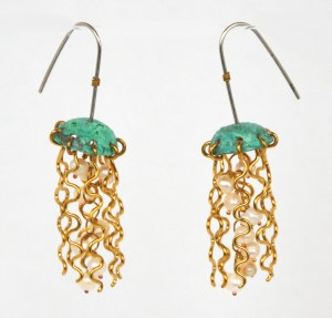 Earrings - Jellyfish, Green Copper with White Pearls