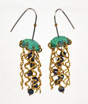 Earrings - Jellyfish, Green Copper with Black Pearls