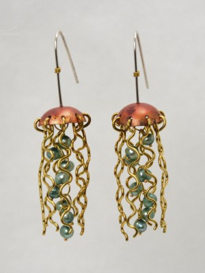 Earrings - Jellyfish, Red Copper with Green Pearls