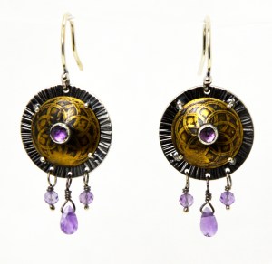 Earrings - Shield with Amethyst, Brass & Sterling Silver
