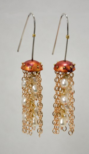 Earrings - Jellyfish, Red Copper with White Pearls