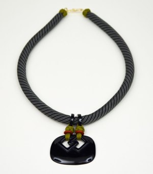 Necklace with onyx pendant, striped silk cord