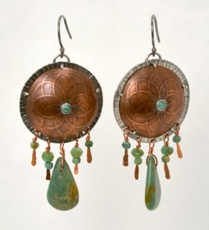 Earrings - Shield, Copper, Sterling Silver & Turquoise