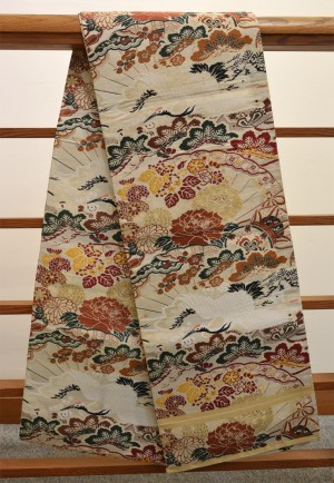 Obi - Cranes and Flowers (burgundy & green)