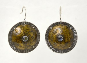Earrings - Shield, Amethyst, Brass & Sterling Silver