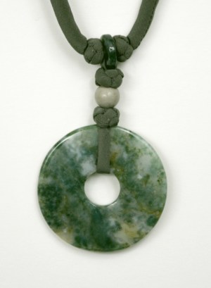 Green Circle Pendant & Brown Silk Cord Necklace