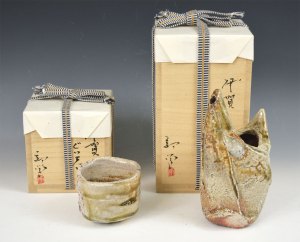 ATARASHI Manabu - Iga Shibogi Sake Flask, Guinomi - set