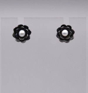 Earrings - Oxidized Silver Flower with Pearl