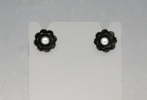 Earrings - Oxidized Silver Flower with Pearl