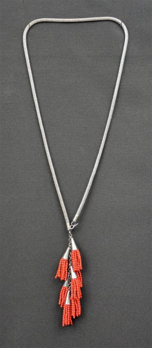 Necklace - Silver Woven with Red Coral Tassel