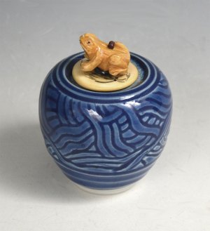 Vessel 168 - Frog with Blue Weave Jar