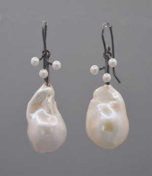 Earrings - Baroque and Branch Pearl with Oxidized Silver