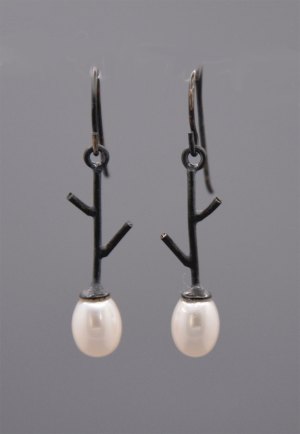 Earrings - Twig with Pearl and Oxidized Silver