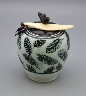 Vessel 184- Black Bird with Feather design Jar