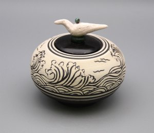 Vessel 188 - White Bird with Waves Jar
