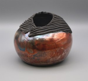 Vessel with Stripe Top - Raku Fired #013